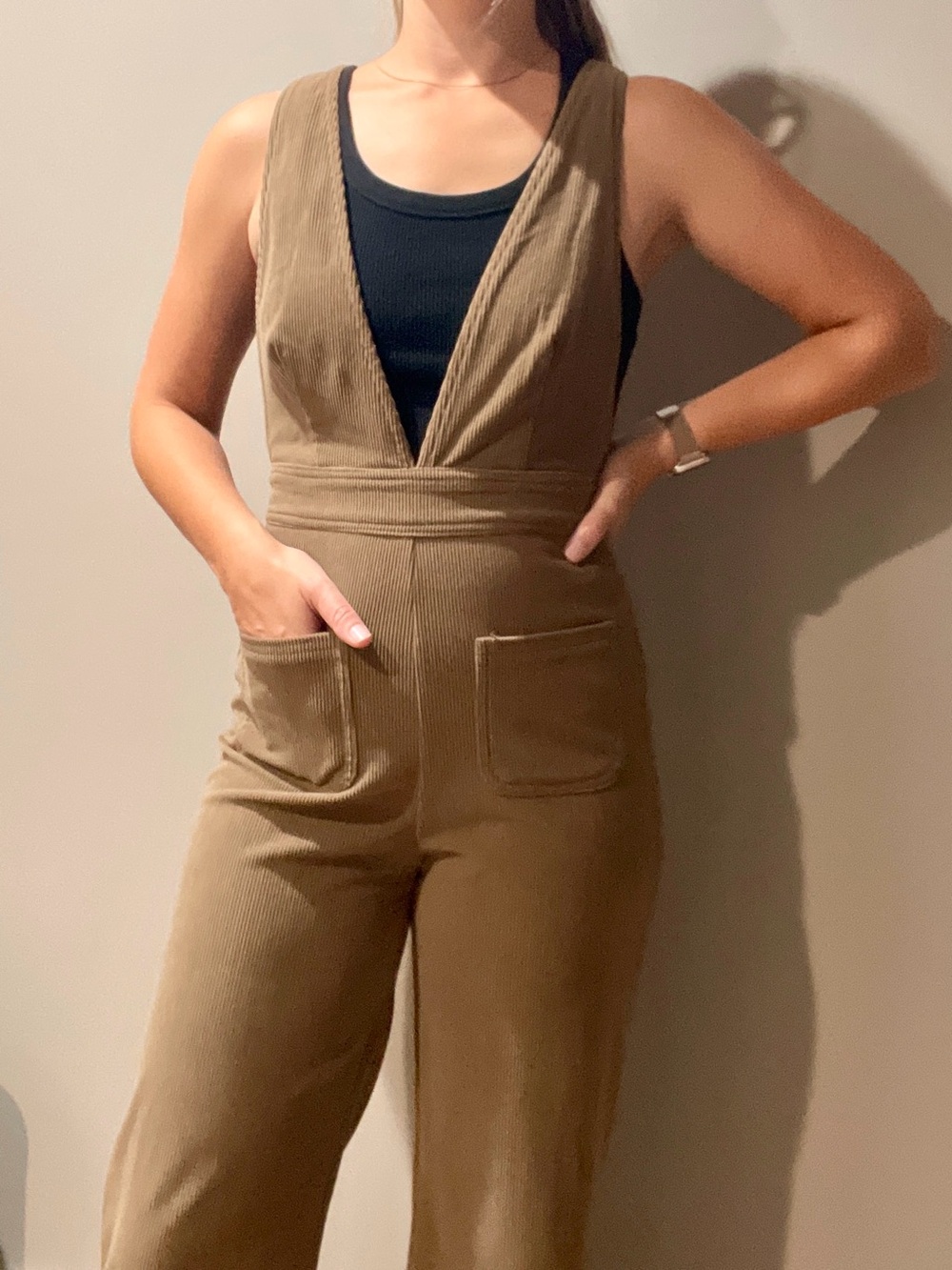 Sincerely Jules Tan Ribbed Deep-V Wide-Leg Jumpsuit